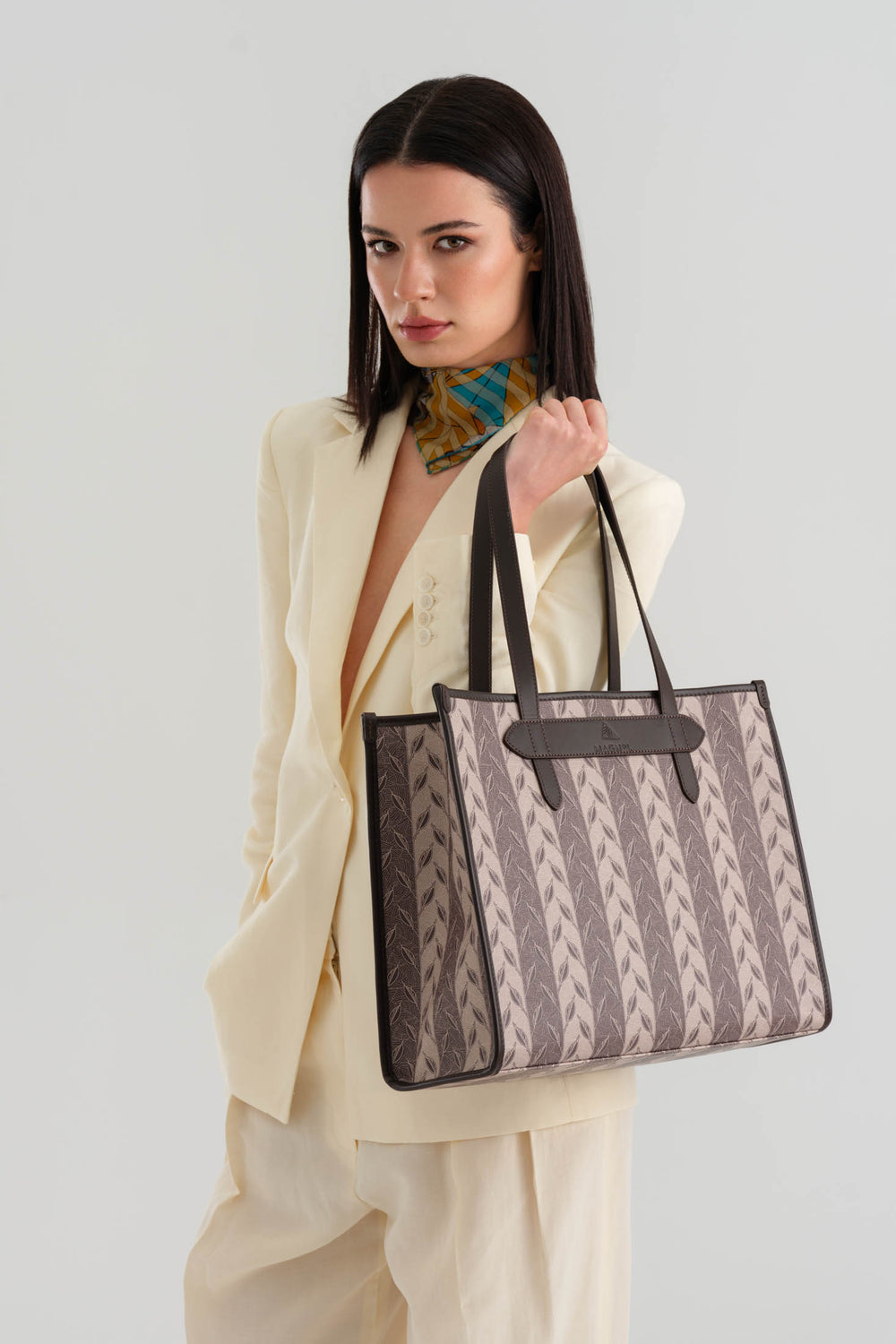 LEAF MONOGRAM - TOTE BAG  LARGE - KREM KAHVE
