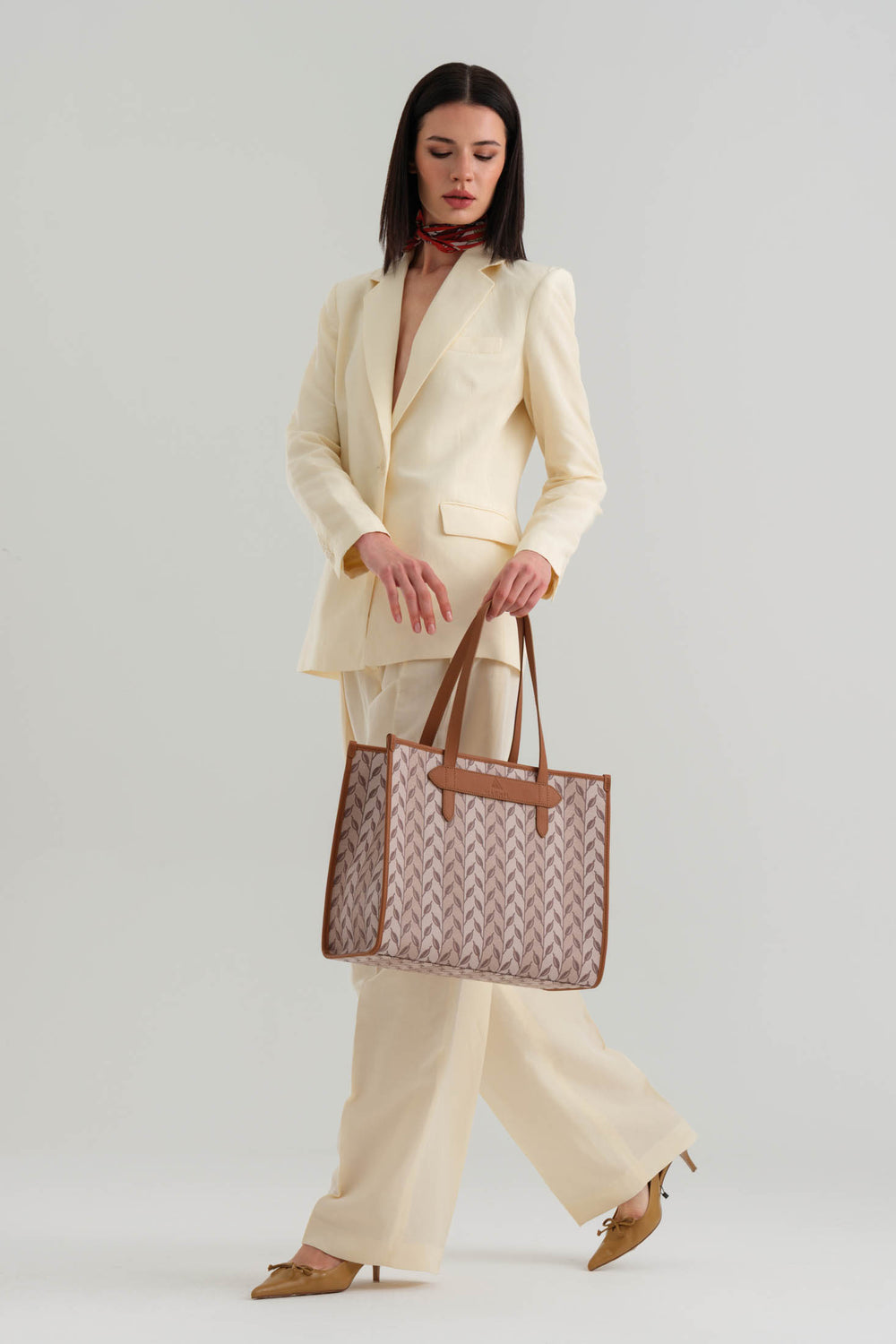 LEAF MONOGRAM - TOTE BAG  LARGE - KREM TABA