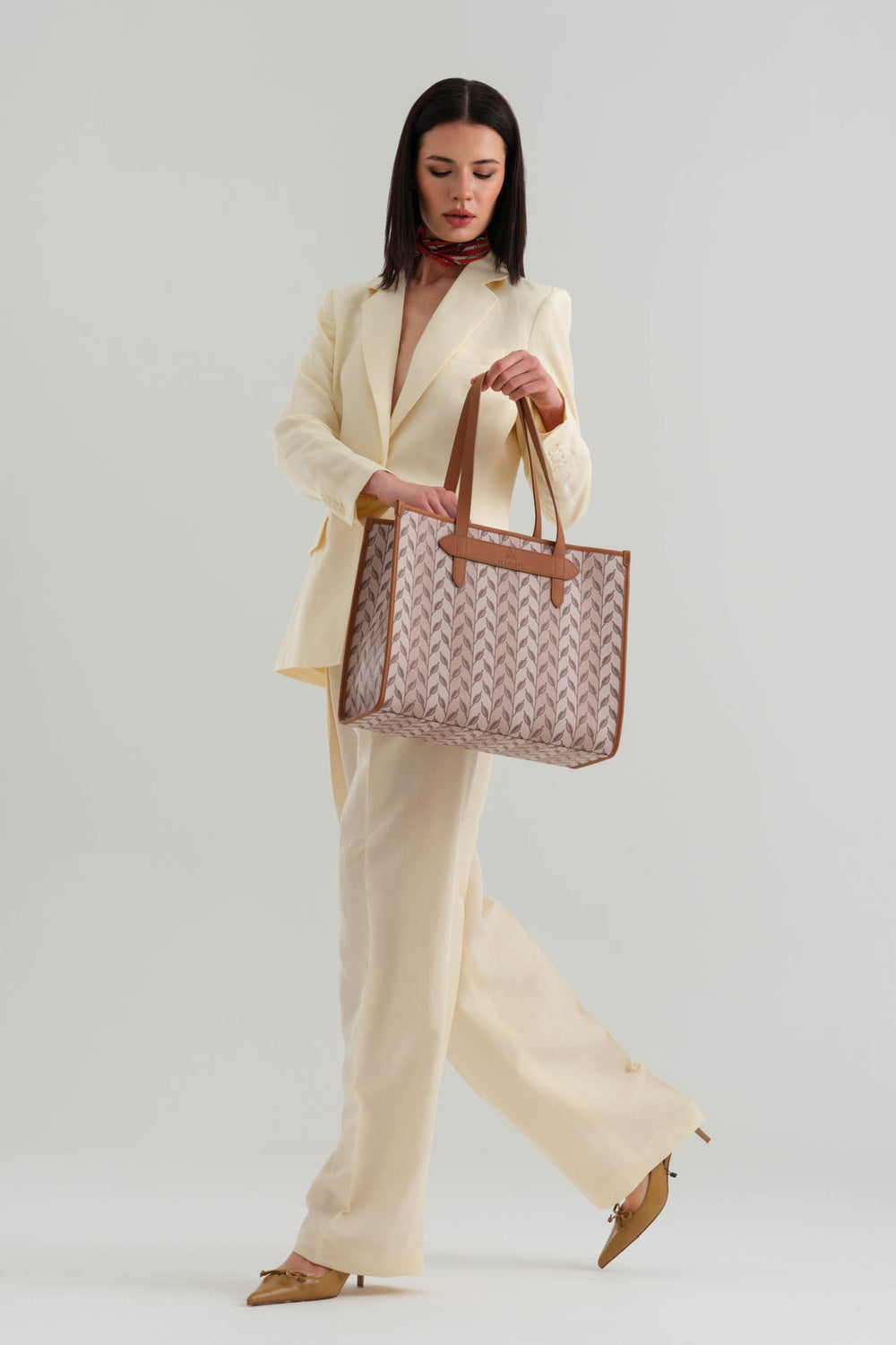 LEAF MONOGRAM - TOTE BAG  LARGE - KREM TABA
