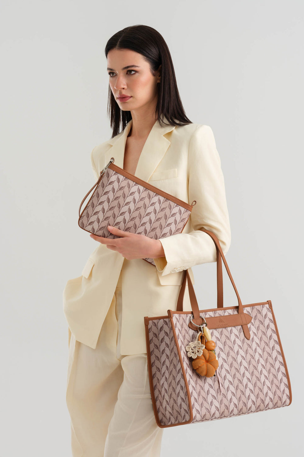 LEAF MONOGRAM - TOTE BAG  LARGE - KREM TABA