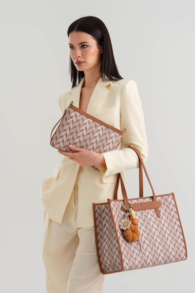 LEAF MONOGRAM - TOTE BAG  LARGE - KREM TABA