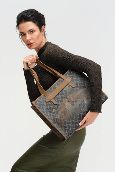 LEAF MONOGRAM - TOTE BAG  LARGE BROWN-BLUE
