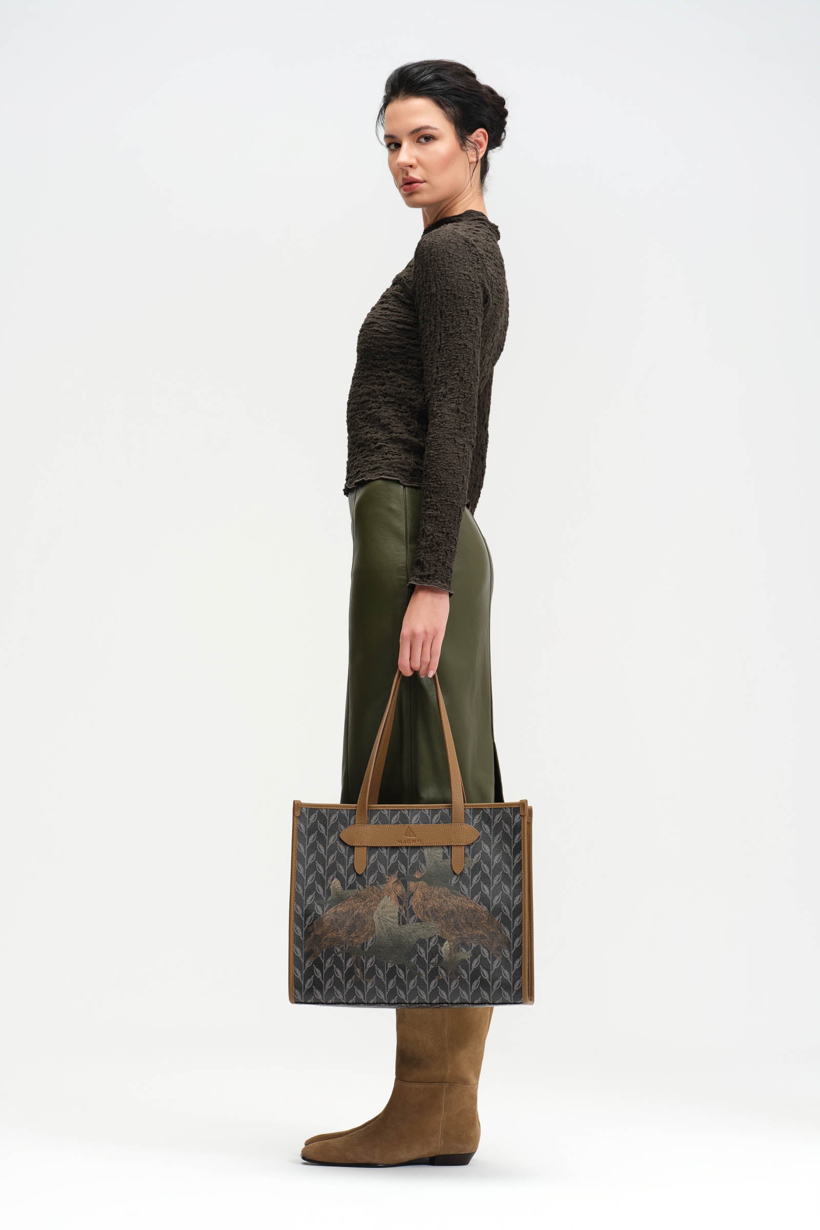 LEAF MONOGRAM - TOTE BAG  LARGE BROWN-BLUE