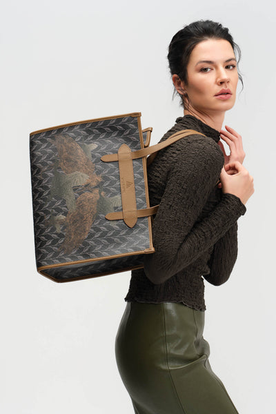 LEAF MONOGRAM - TOTE BAG  LARGE BROWN-BLUE