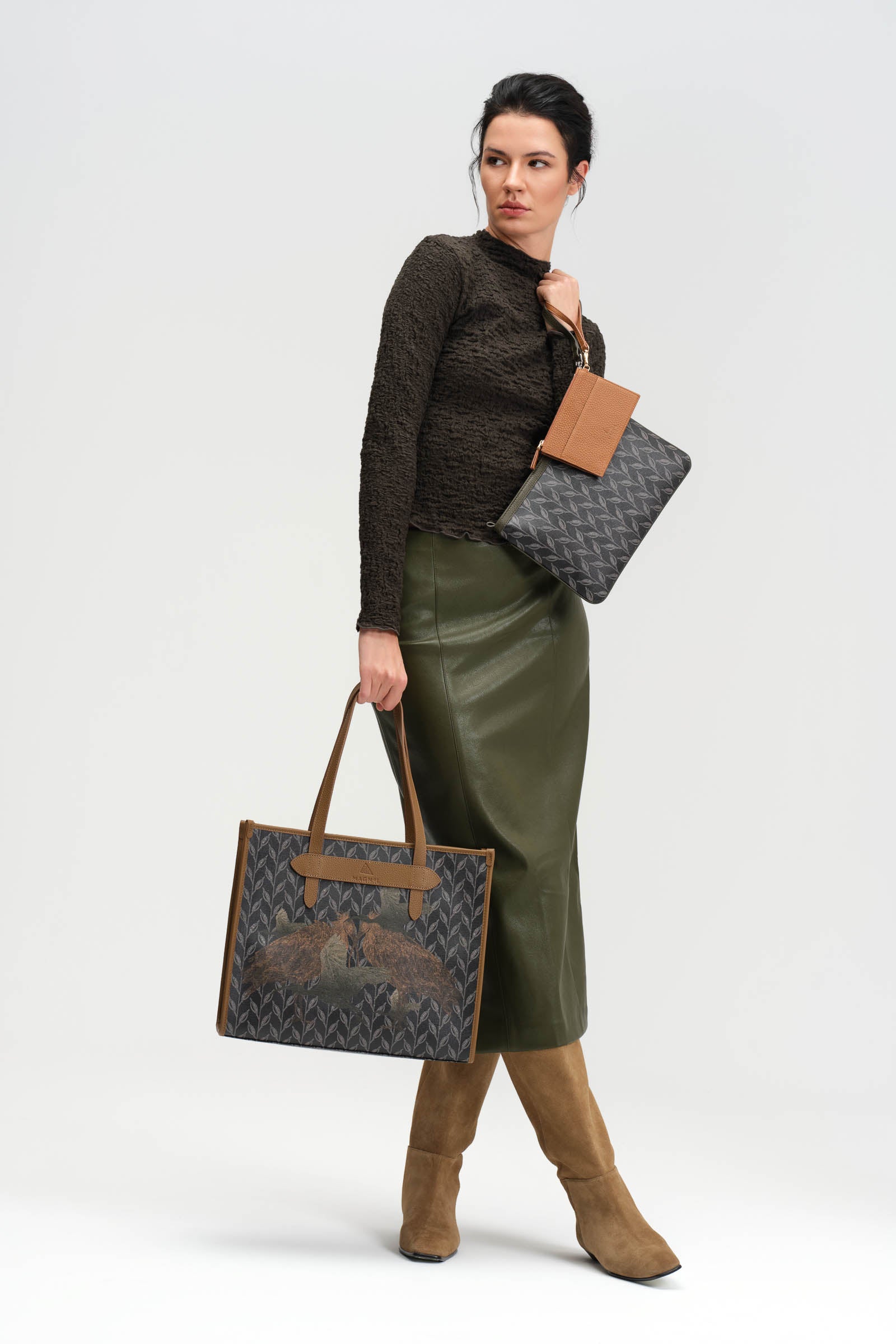 LEAF MONOGRAM - TOTE BAG  LARGE BROWN-BLUE