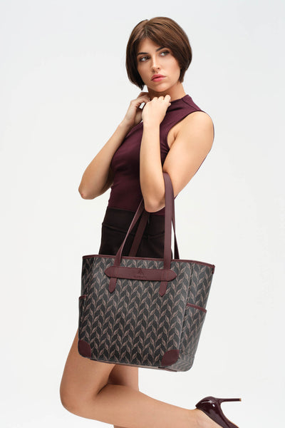 LEAF MONOGRAM TOTE - BROWN BLUE POCKET TOTE