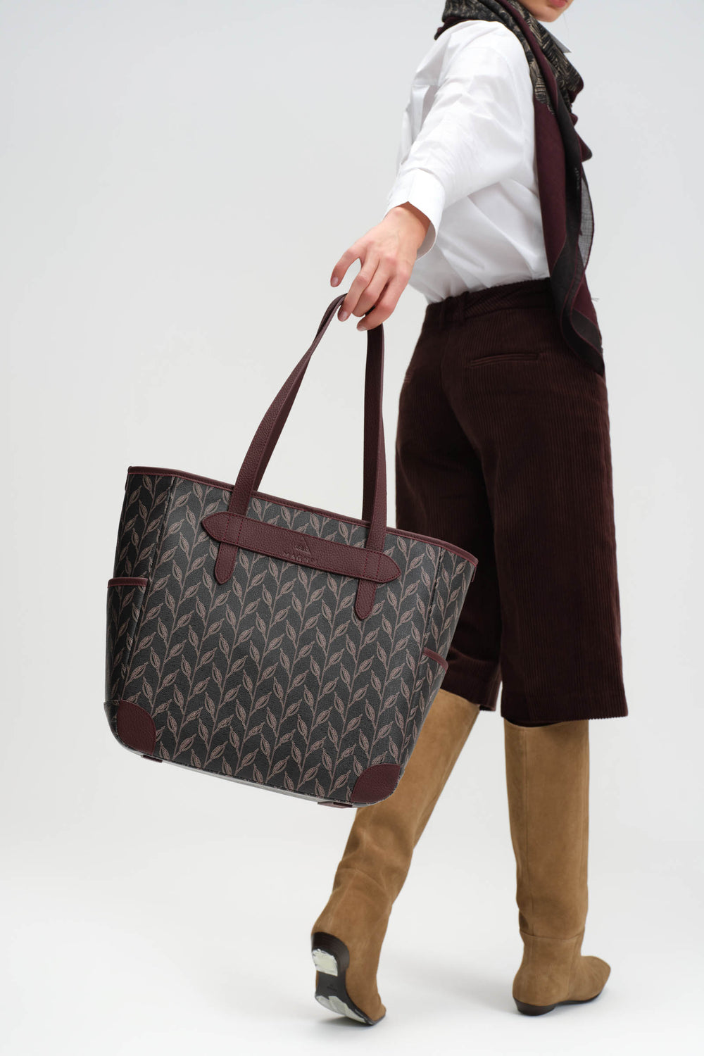 LEAF MONOGRAM TOTE - BROWN BLUE POCKET TOTE