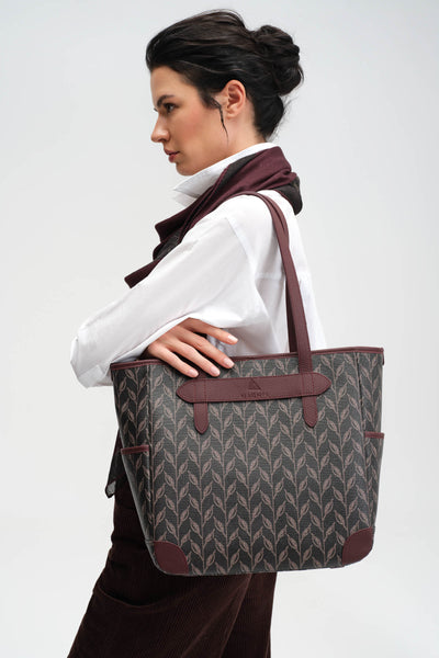 LEAF MONOGRAM TOTE - BROWN BLUE POCKET TOTE